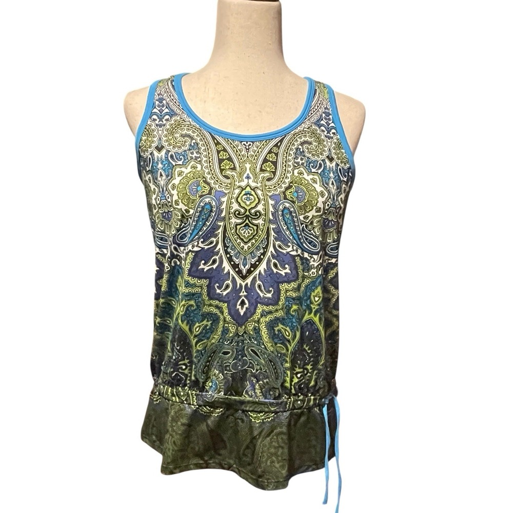 Large Athleta Yoga Tank Women's Paisley Bra Tic Tac Toe Green Blue Top